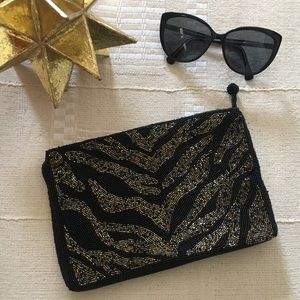 Beaded zippered pouch clutch black gold zebra